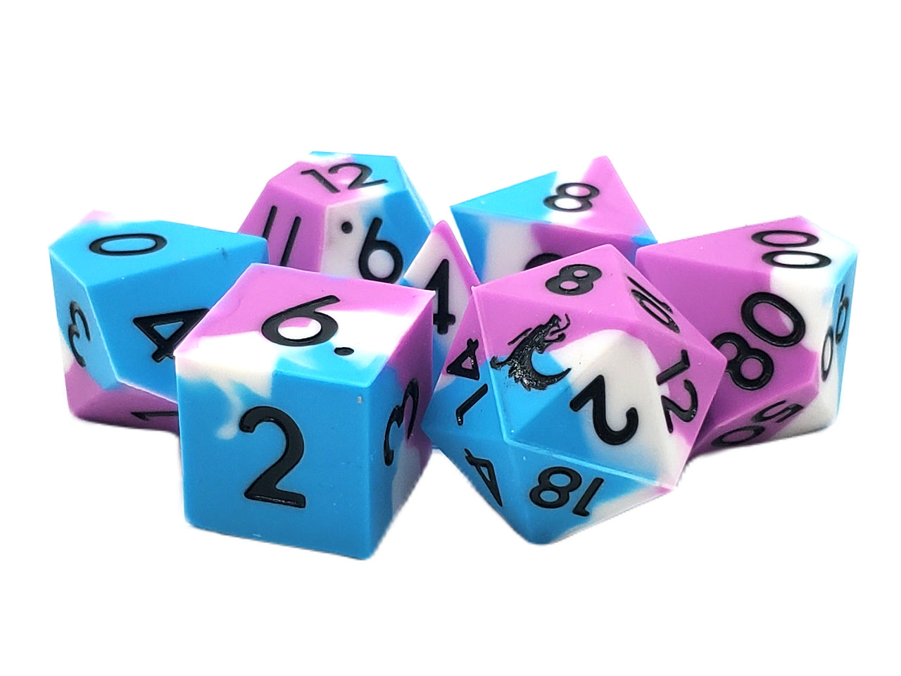 Old School Dice: Silicone 7-Piece Sets - Blue, White & Lilac | Deep Dive Games St. Marys