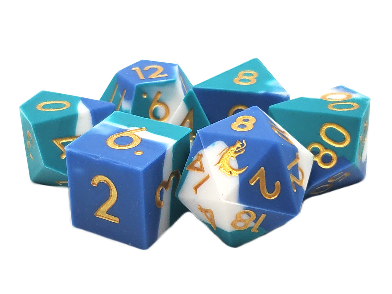 Old School Dice: Silicone 7-Piece Sets - Blue, White & Teal | Deep Dive Games St. Marys