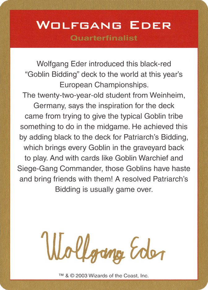 Wolfgang Eder Bio [World Championship Decks 2003] | Deep Dive Games St. Marys