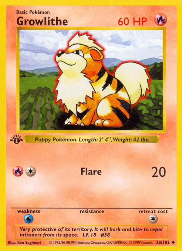 Growlithe (28/102) (Shadowless) [Base Set 1st Edition] | Deep Dive Games St. Marys