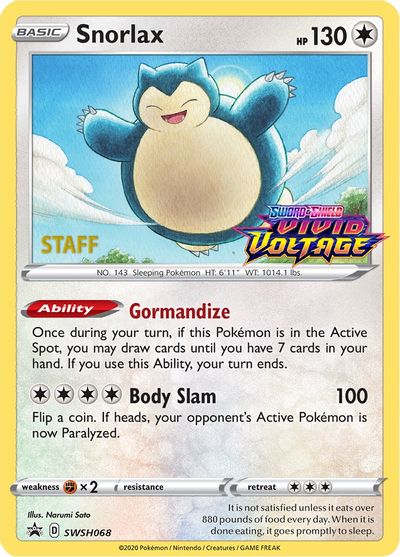 Snorlax (SWSH068) (Staff Prerelease Promo) [Sword & Shield: Black Star Promos] | Deep Dive Games St. Marys