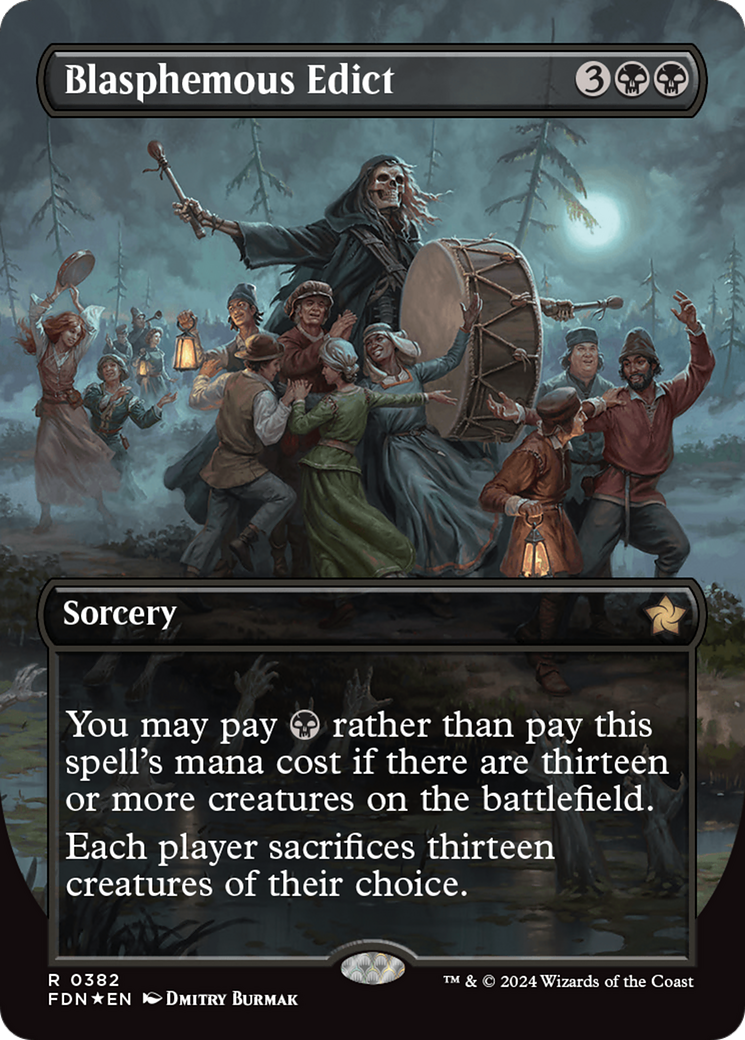 Blasphemous Edict (Borderless) (Mana Foil) [Foundations] | Deep Dive Games St. Marys