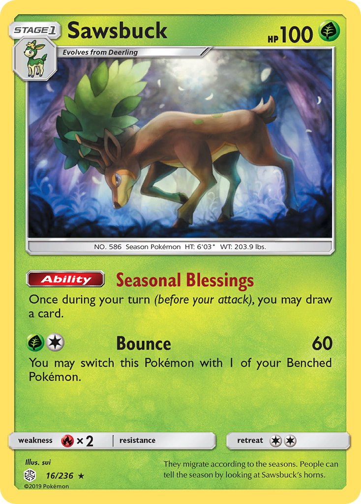 Sawsbuck (16/236) (Prerelease Kit Exclusive) (Theme Deck Exclusive) [Sun & Moon: Cosmic Eclipse] | Deep Dive Games St. Marys