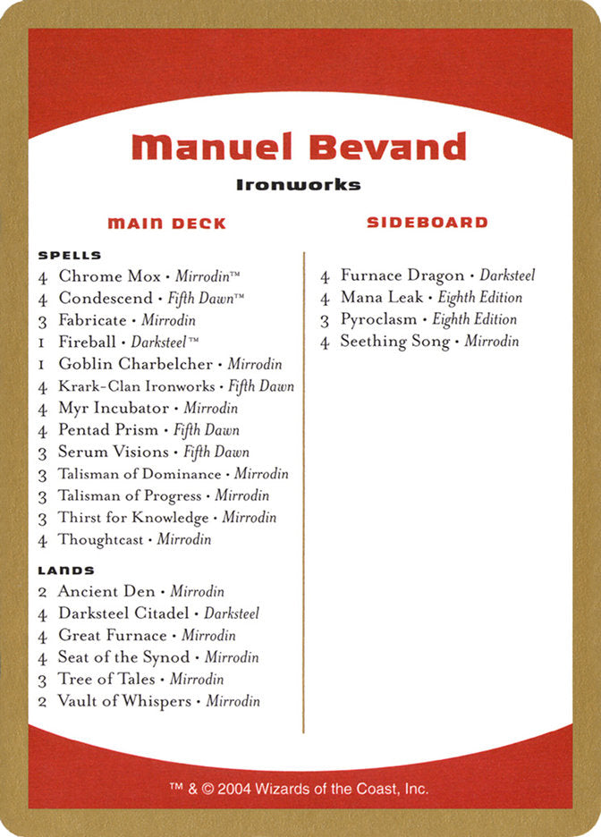 Manuel Bevand Decklist [World Championship Decks 2004] | Deep Dive Games St. Marys