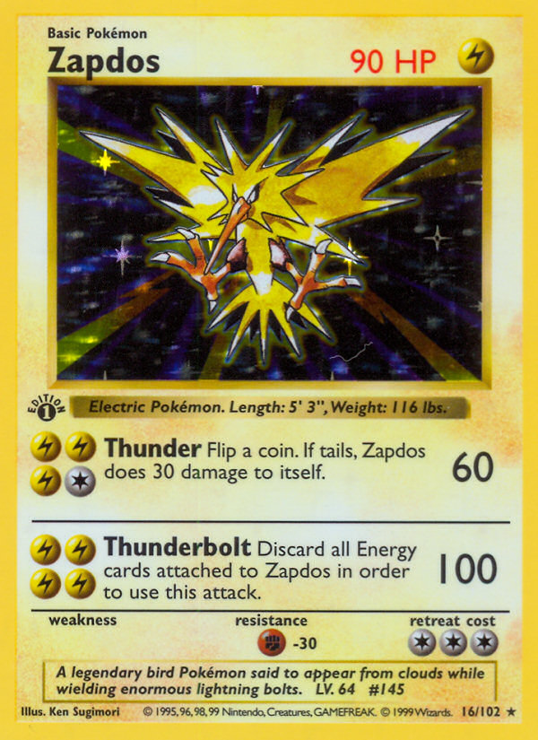 Zapdos (16/102) (Shadowless) [Base Set 1st Edition] | Deep Dive Games St. Marys