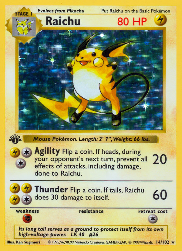 Raichu (14/102) (Shadowless) [Base Set 1st Edition] | Deep Dive Games St. Marys