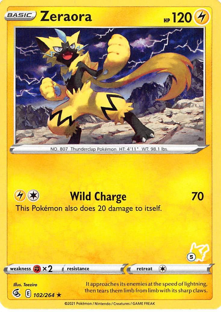 Zeraora (102/264) (Pikachu Stamp #5) [Battle Academy 2022] | Deep Dive Games St. Marys