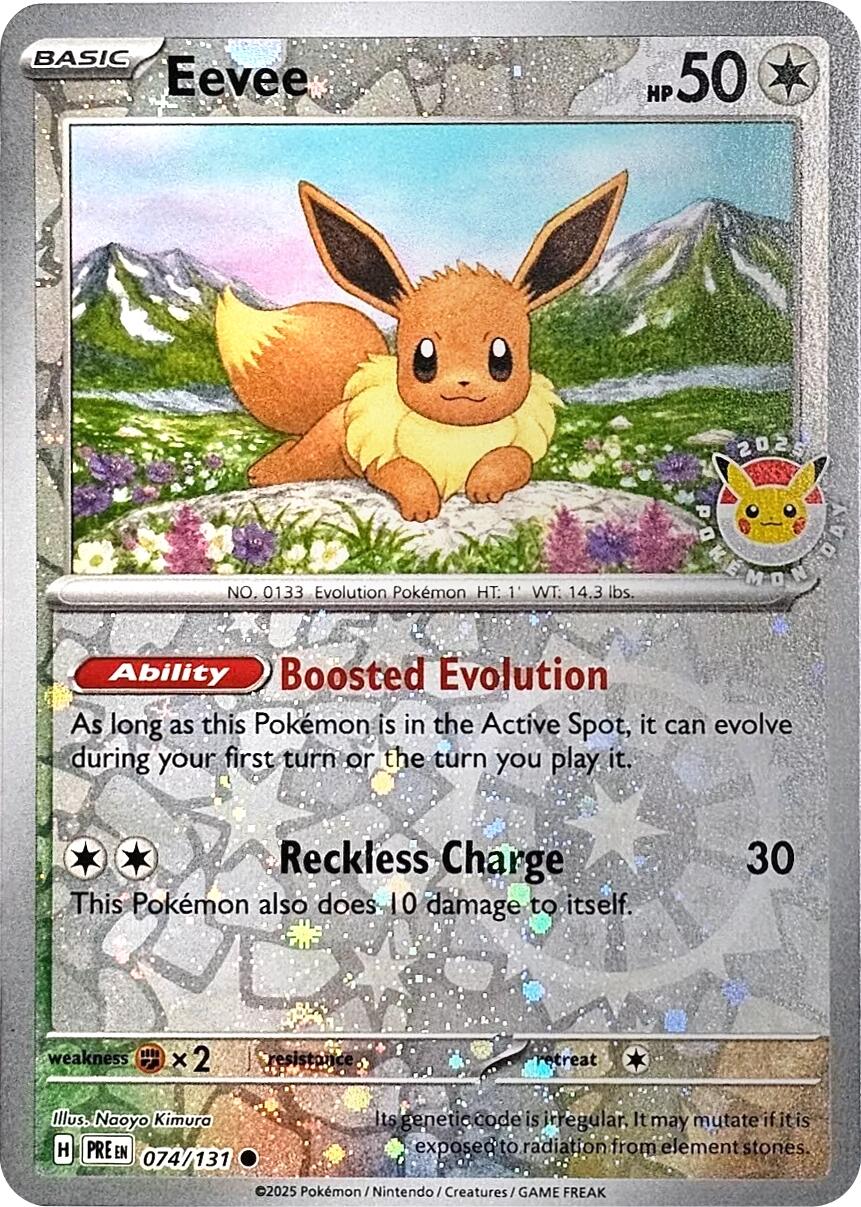 Eevee (074/131) (Pokemon Day 2025) (Reverse Cosmos Holo) [Scarlet & Violet: Prismatic Evolutions] | Deep Dive Games St. Marys