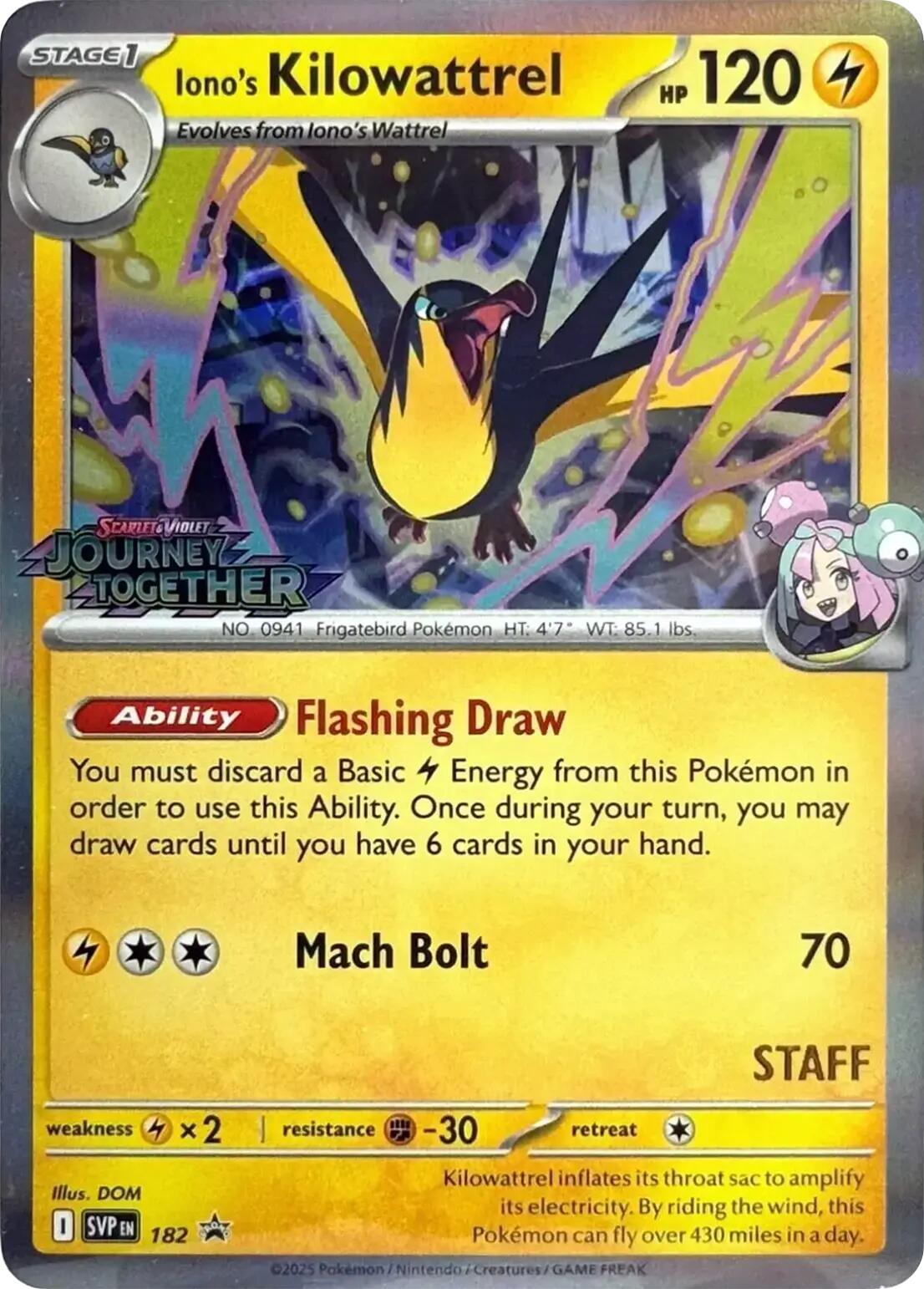 Iono's Kilowattrel (182) (Prerelease Staff) [Scarlet & Violet: Black Star Promos] | Deep Dive Games St. Marys