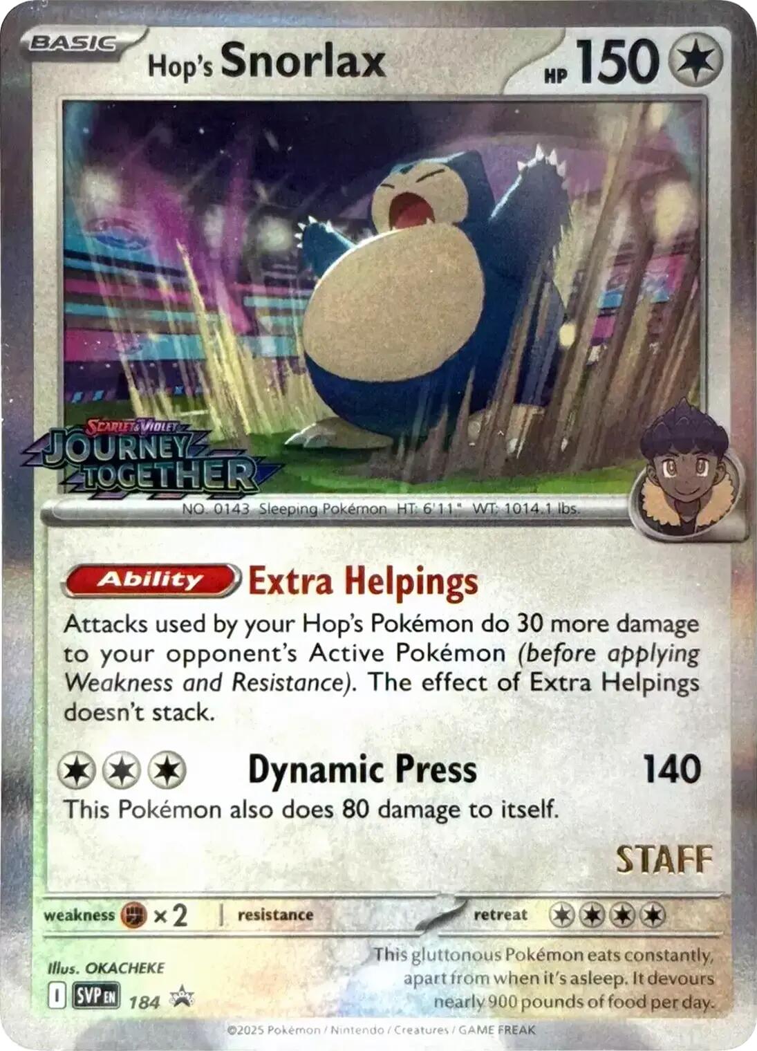 Hop's Snorlax (184) (Prerelease Staff) [Scarlet & Violet: Black Star Promos] | Deep Dive Games St. Marys
