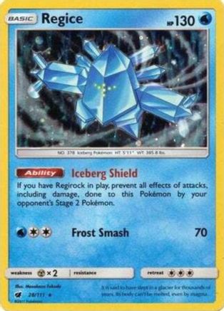 Regice (28/111) (Cosmos Holo) [Sun & Moon: Crimson Invasion] | Deep Dive Games St. Marys