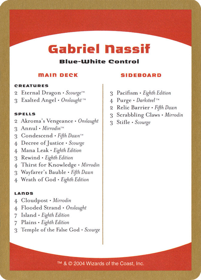 Gabriel Nassif Decklist [World Championship Decks 2004] | Deep Dive Games St. Marys