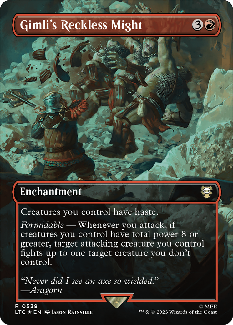 Gimli's Reckless Might (Borderless) (Surge Foil) [The Lord of the Rings: Tales of Middle-Earth Commander] | Deep Dive Games St. Marys