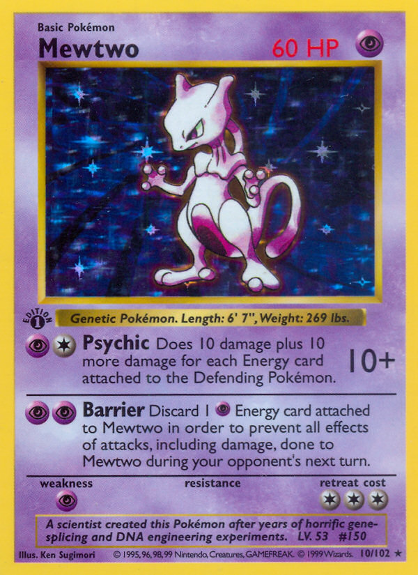 Mewtwo (10/102) (Shadowless) [Base Set 1st Edition] | Deep Dive Games St. Marys