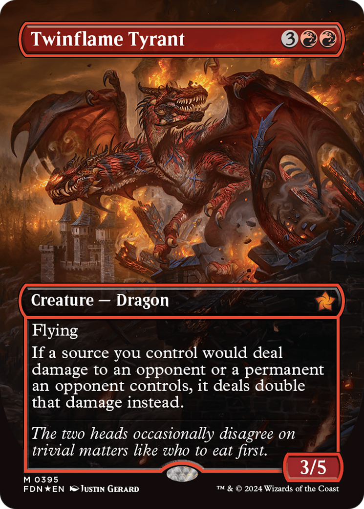 Twinflame Tyrant (Borderless) (Mana Foil) [Foundations] | Deep Dive Games St. Marys