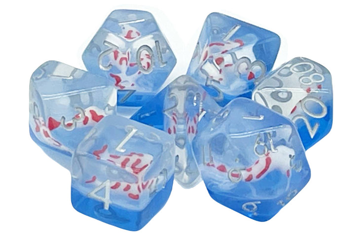 Old School 7 Piece DnD RPG Dice Set: Animal Kingdom - Koi Fish - Red w/ Blue | Deep Dive Games St. Marys