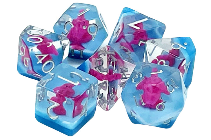 Old School 7 Piece DnD RPG Dice Set: Animal Kingdom - Pterodactyl - Pink w/ Blue | Deep Dive Games St. Marys