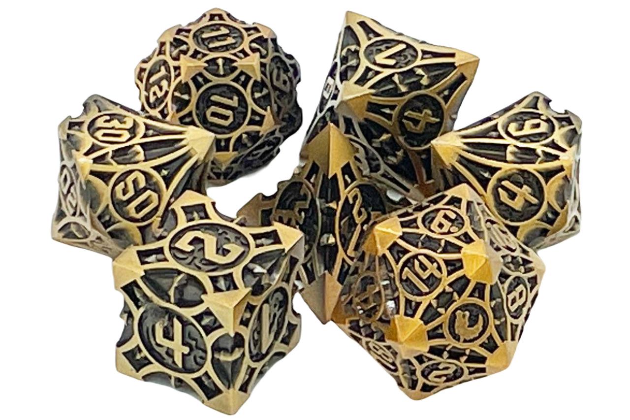 Old School 7 Piece DnD RPG Metal Dice Set: Gnome Forged - Ancient Gold | Deep Dive Games St. Marys