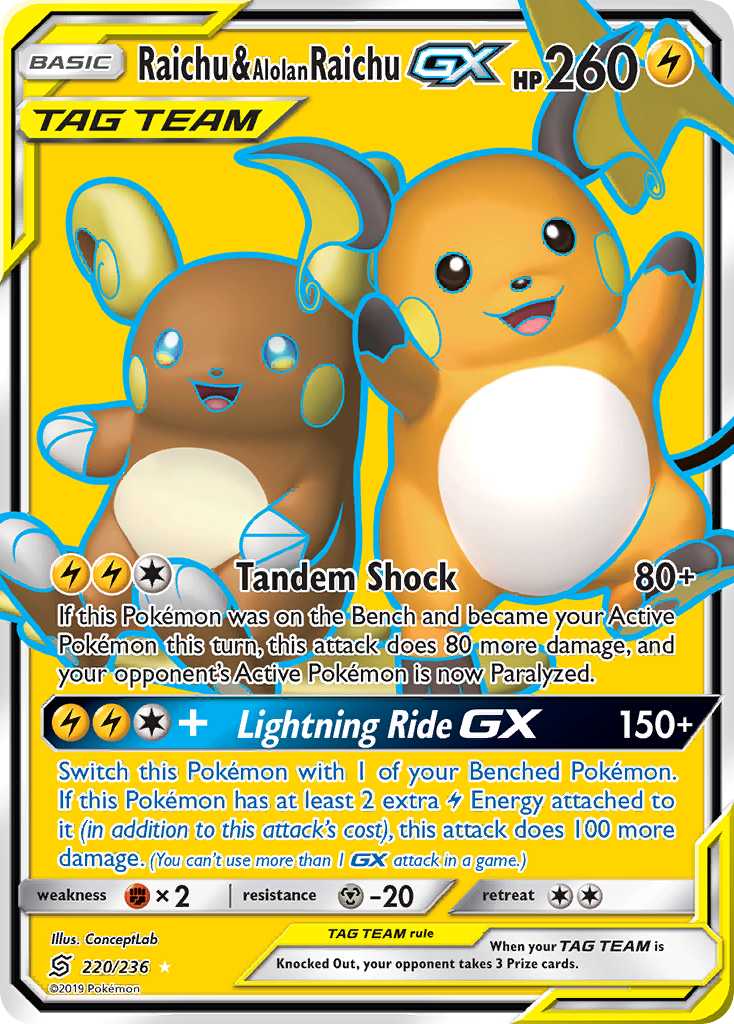 Raichu & Alolan Raichu GX (220/236) [Sun & Moon: Unified Minds] | Deep Dive Games St. Marys