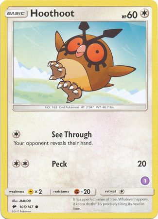 Hoothoot (106/147) (Deck Exclusive #1) [Sun & Moon: Trainer Kit - Alolan Sandslash] | Deep Dive Games St. Marys