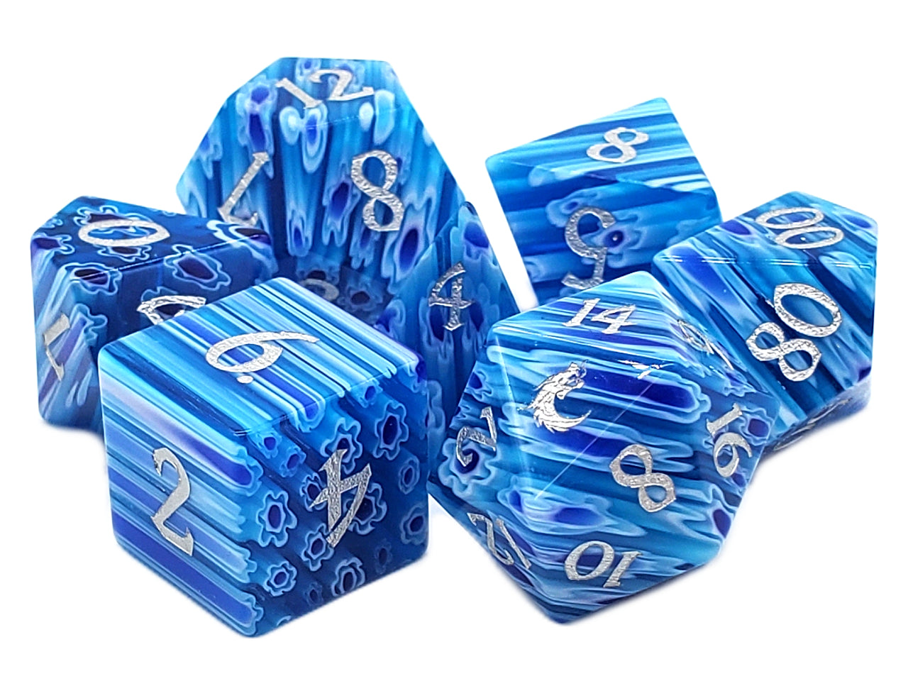 Old School 7 Piece DnD RPG Gemstone Set: Blue Flowers | Deep Dive Games St. Marys