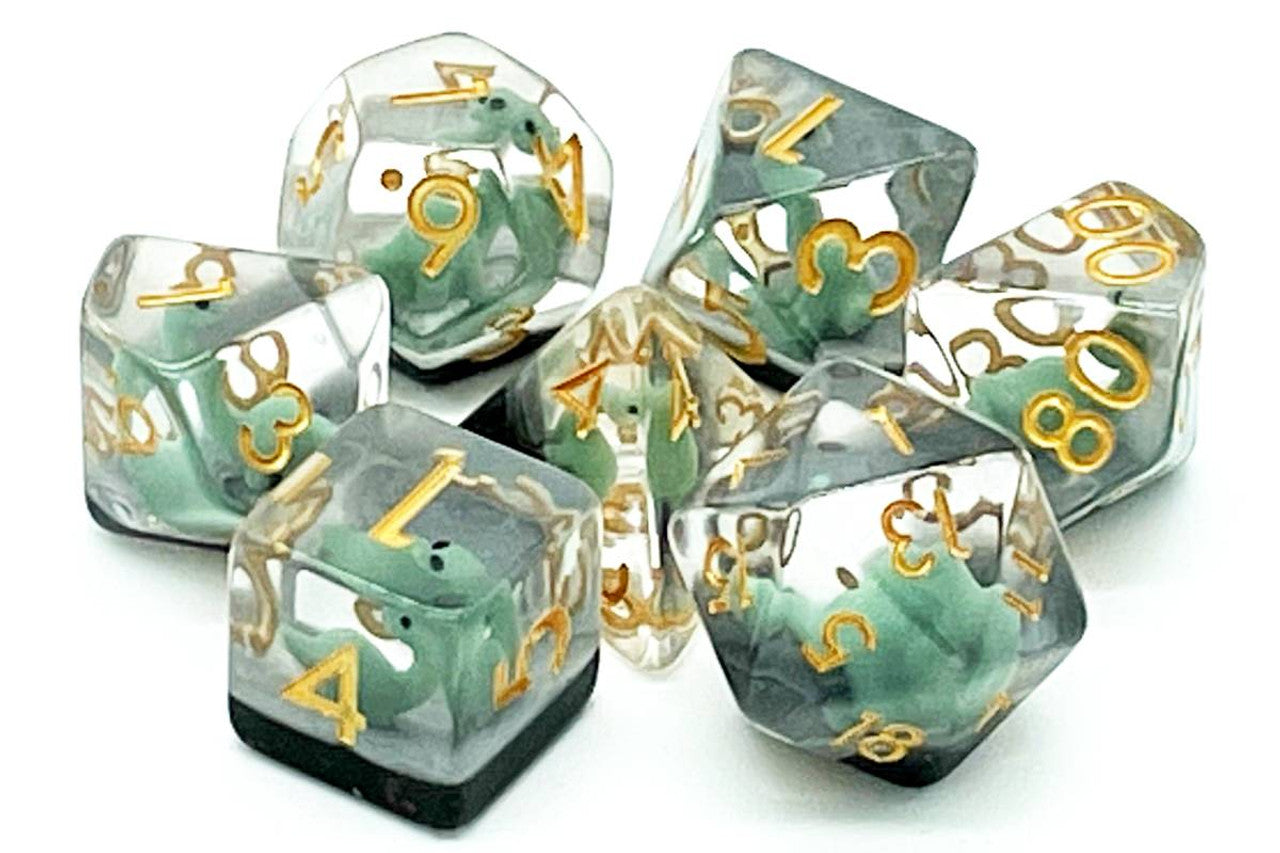 Old School 7 Piece DnD RPG Dice Set: Animal Kingdom - Baby Brontosaurus - Green | Deep Dive Games St. Marys