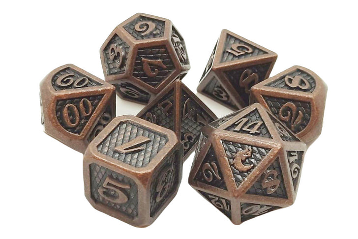 Old School 7 Piece DnD RPG Metal Dice Set: Dragon Scale - Ancient Bronze | Deep Dive Games St. Marys