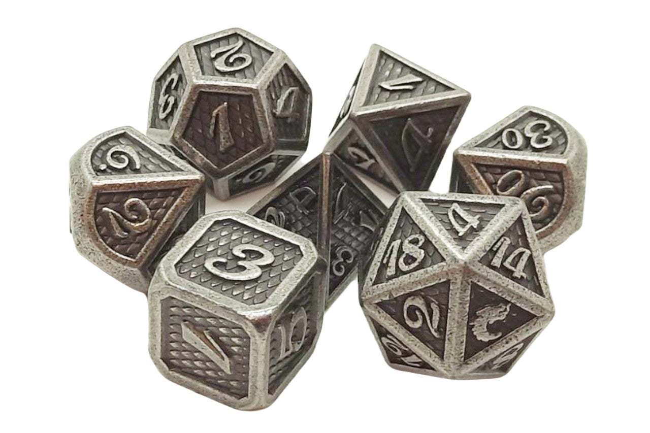 Old School 7 Piece DnD RPG Metal Dice Set: Dragon Scale - Ancient Silver | Deep Dive Games St. Marys