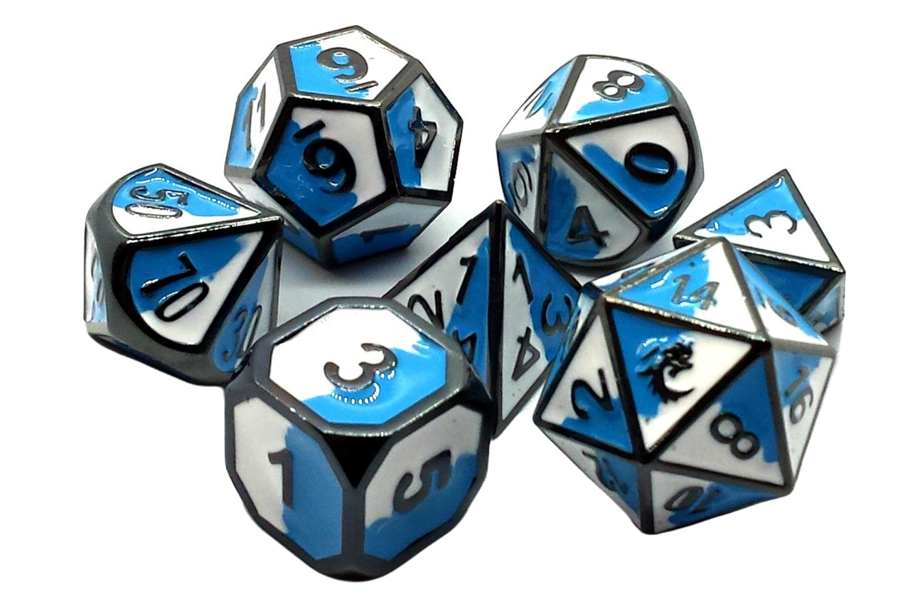 Old School 7 Piece DnD RPG Metal Dice Set: Dragon Forged - Blue & White w/ Black Nickel | Deep Dive Games St. Marys