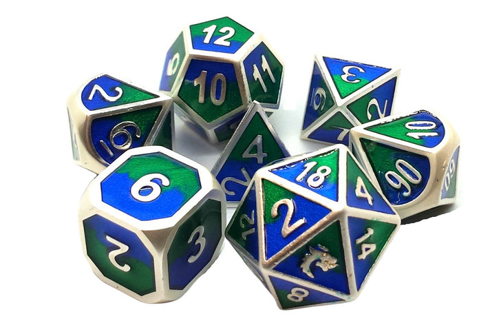 Old School 7 Piece DnD RPG Metal Dice Set: Dragon Forged - Platinum Blue & Green | Deep Dive Games St. Marys