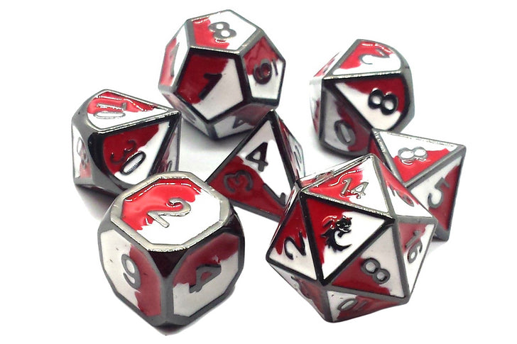 Old School 7 Piece DnD RPG Metal Dice Set: Dragon Forged - Red & White w/ Black Nickel | Deep Dive Games St. Marys