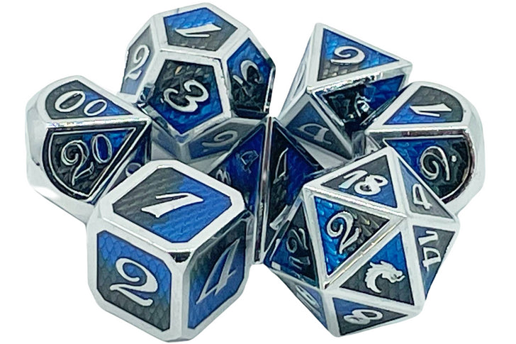 Old School 7 Piece DnD RPG Metal Dice Set: Dragon Scale - Black & Blue | Deep Dive Games St. Marys