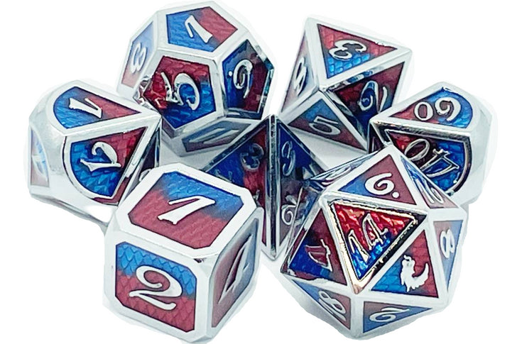 Old School 7 Piece DnD RPG Metal Dice Set: Dragon Scale - Red & Blue | Deep Dive Games St. Marys