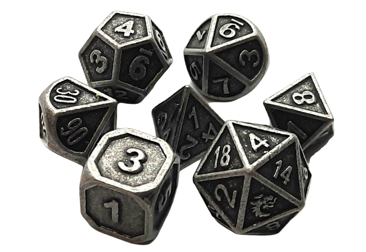 Old School 7 Piece DnD RPG Metal Dice Set: Dwarven Forged - Ancient Silver | Deep Dive Games St. Marys