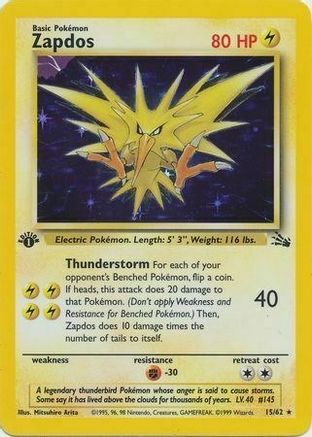 Zapdos (15/62) (Cosmos Holo) [Fossil 1st Edition] | Deep Dive Games St. Marys