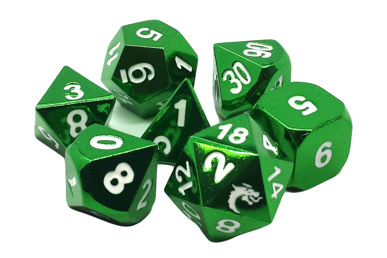 Old School 7 Piece DnD RPG Metal Dice Set: Halfling Forged - Electric Green | Deep Dive Games St. Marys