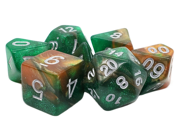 Old School 7 Piece DnD RPG Dice Set: Galaxy - Emerald & Orange | Deep Dive Games St. Marys