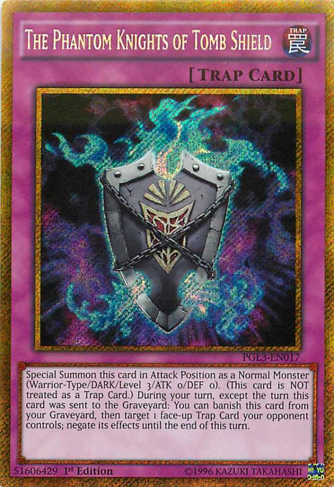 The Phantom Knights of Tomb Shield [PGL3-EN017] Gold Secret Rare | Deep Dive Games St. Marys