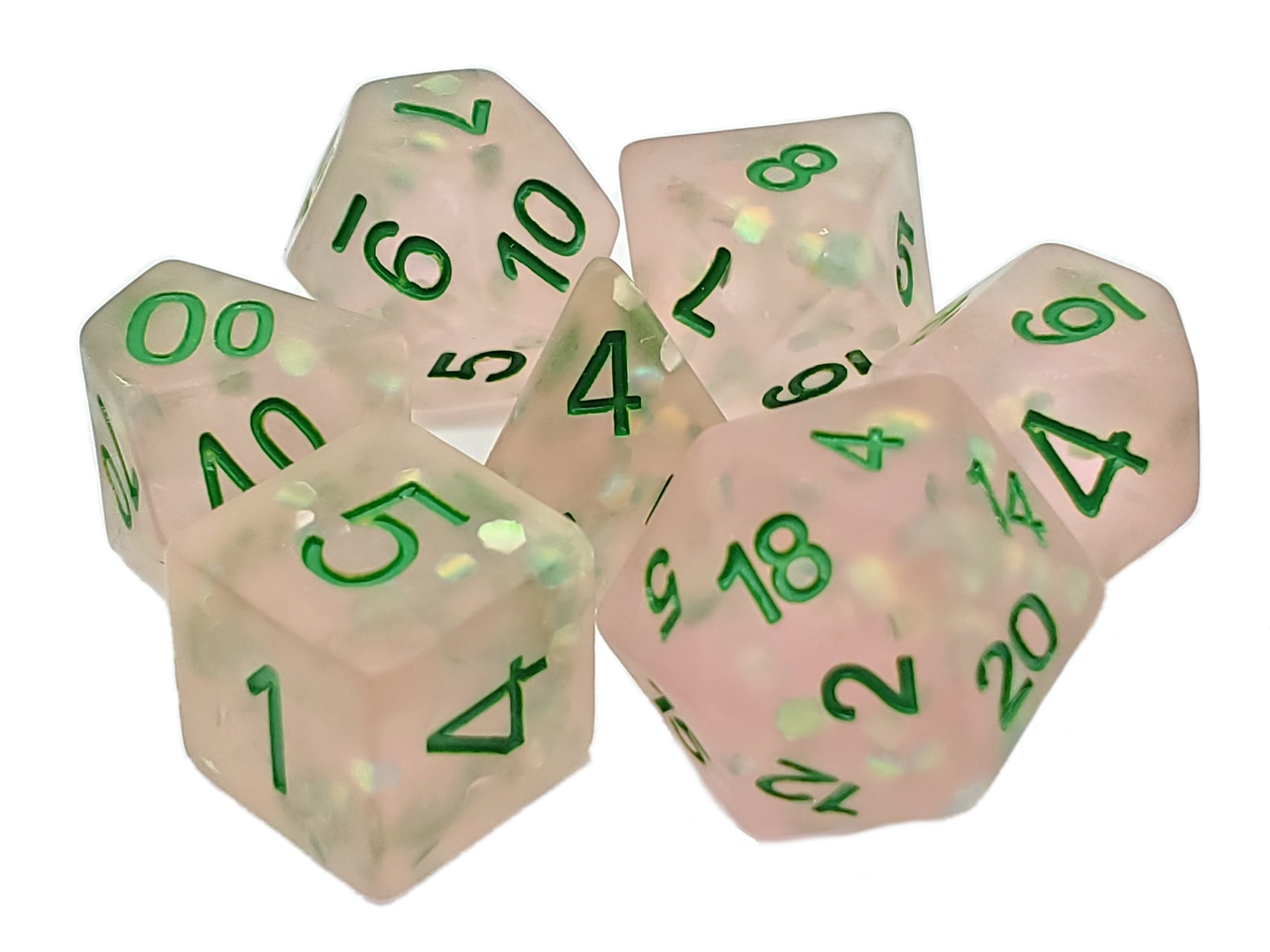 Old School 7 Piece DnD RPG Dice Set: Infused - Frosted Firefly - Pink w/ Green | Deep Dive Games St. Marys