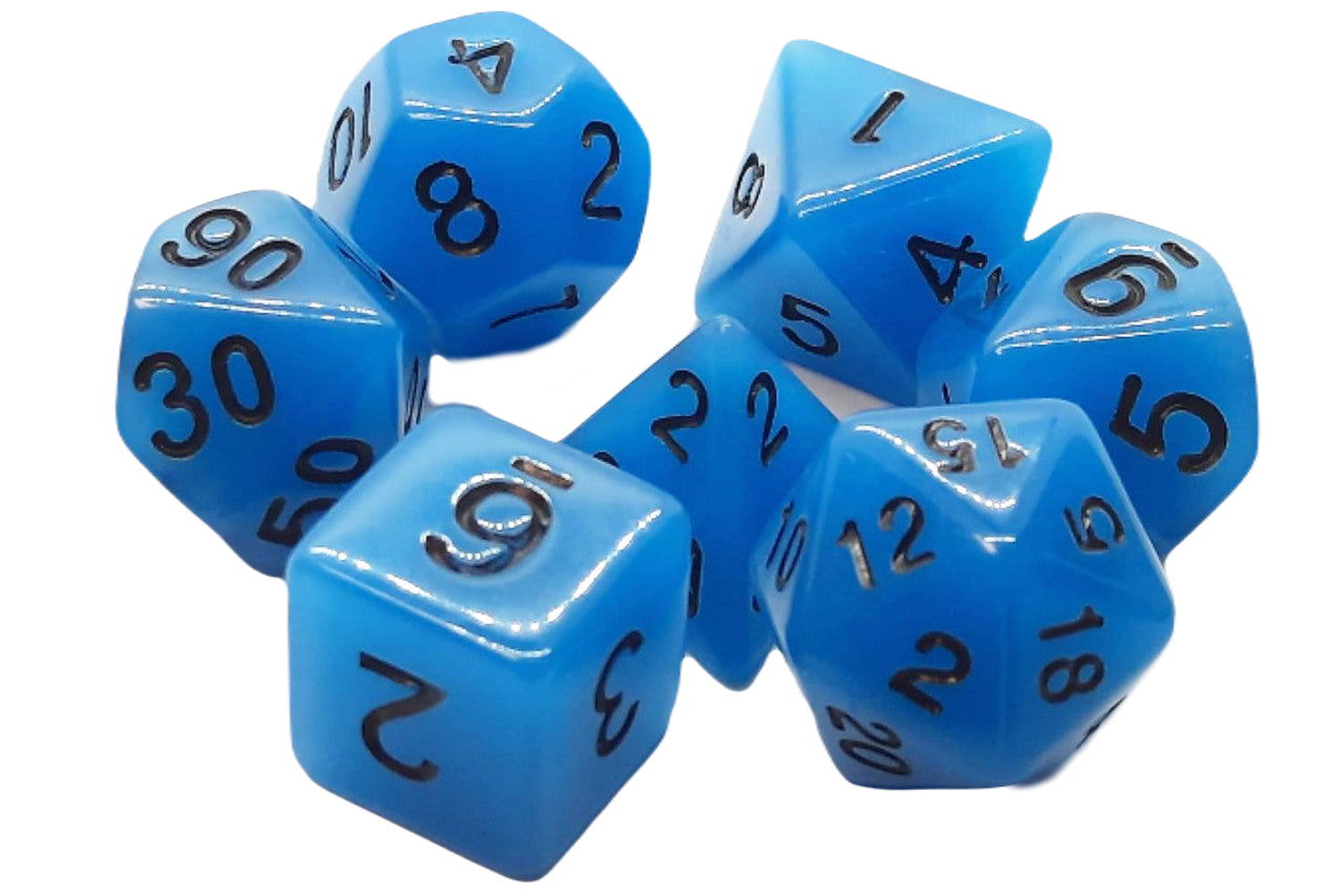 Old School 7 Piece DnD RPG Dice Set: Glow Dice - Blue | Deep Dive Games St. Marys