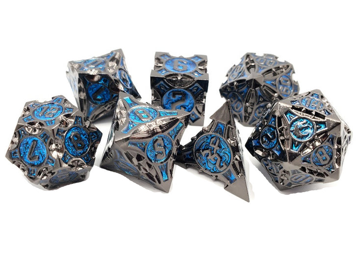 Old School 7 Piece DnD RPG Metal Dice Set: Gnome Forged - Black Nickel w/ Blue | Deep Dive Games St. Marys