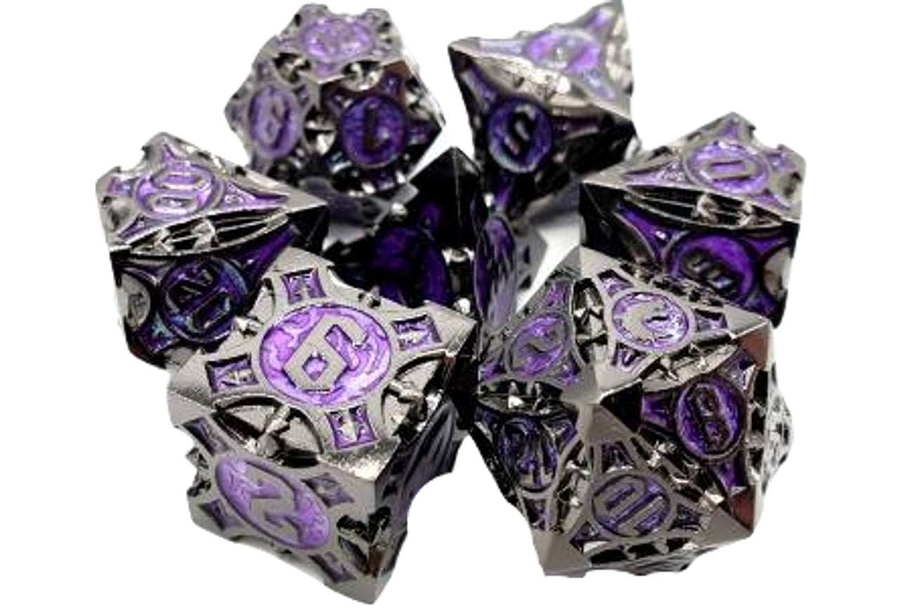 Old School 7 Piece DnD RPG Metal Dice Set: Gnome Forged - Black Nickel w/ Purple | Deep Dive Games St. Marys