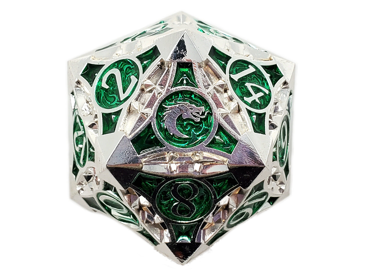 Old School 23mm D20 Metal Die: Gnome Forged - Silver w/ Green | Deep Dive Games St. Marys