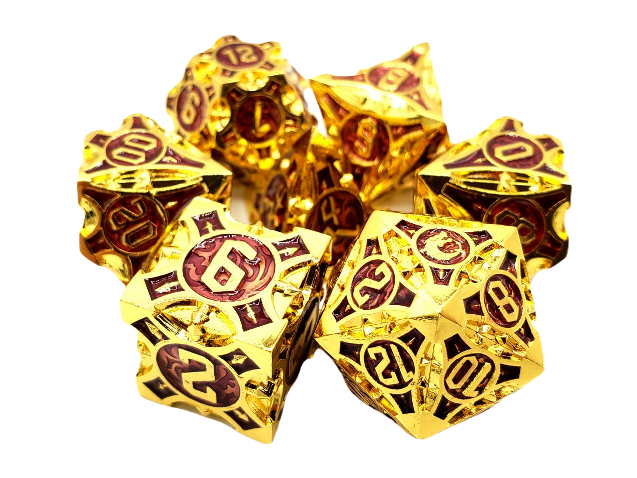 Old School 7 Piece DnD RPG Metal Dice Set: Gnome Forged - Gold w/ Purple | Deep Dive Games St. Marys