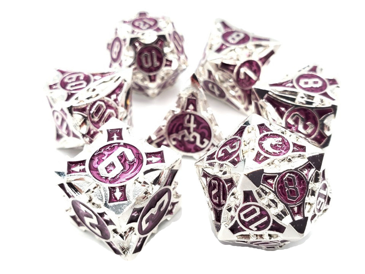 Old School 7 Piece DnD RPG Metal Dice Set: Gnome Forged - Silver w/ Purple | Deep Dive Games St. Marys