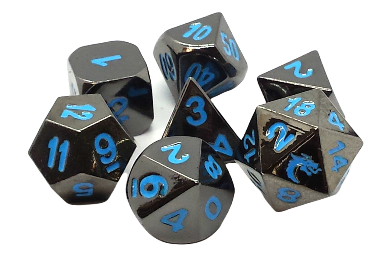 Old School 7 Piece DnD RPG Metal Dice Set: Halfling Forged - Black Nickel w/ Blue | Deep Dive Games St. Marys