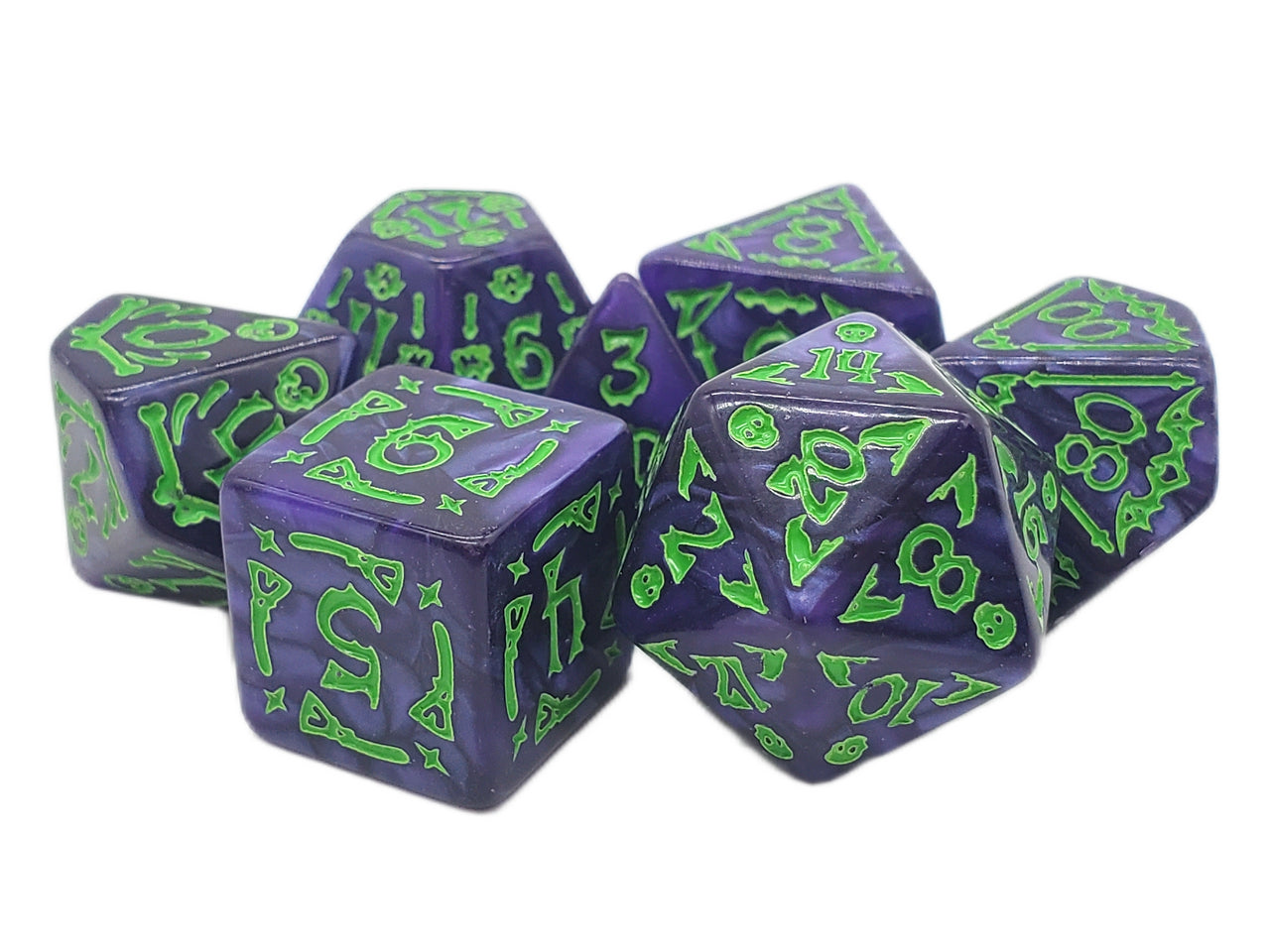 Old School 7 Piece DnD RPG Dice Set: Rune Dice - All Hallows Eve - Purple w/ Green | Deep Dive Games St. Marys