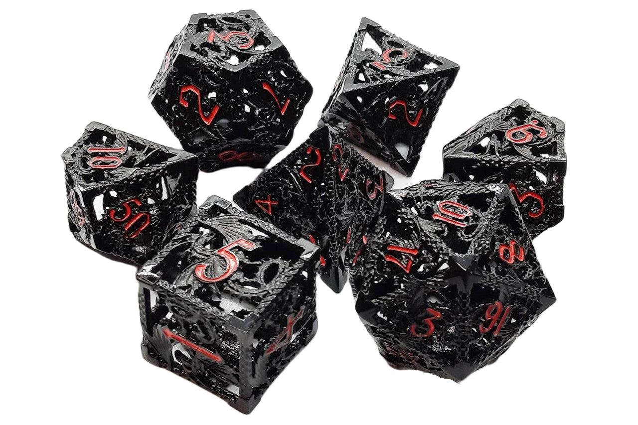 Old School 7 Piece DnD RPG Metal Dice Set: Hollow Dragon Dice - Black w/ Orange | Deep Dive Games St. Marys