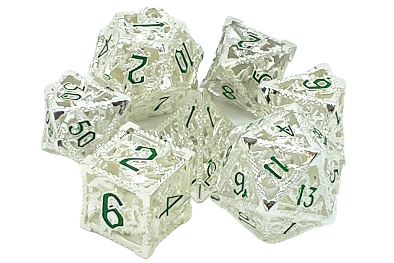 Old School 7 Piece DnD RPG Metal Dice Set: Hollow Dragon Dice - Silver w/ Green | Deep Dive Games St. Marys