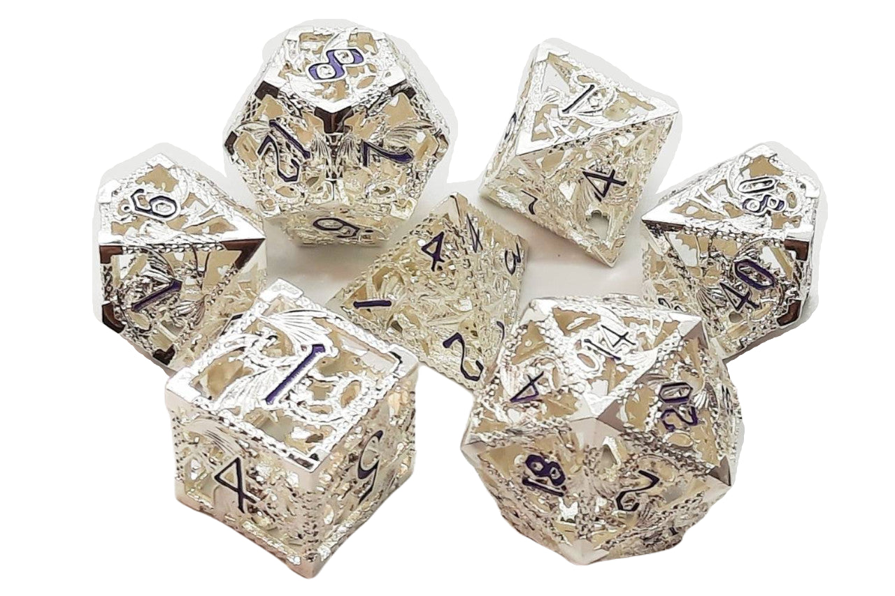 Old School 7 Piece DnD RPG Metal Dice Set: Hollow Dragon Dice - Silver w/ Purple | Deep Dive Games St. Marys